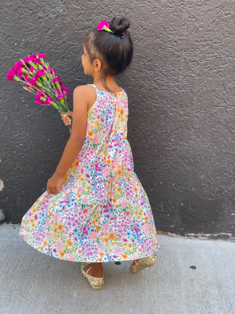 Girls Toddler & Kids Floral Meadow Dress with Gold Sequin Yoke - front view - Sophie Catalou
