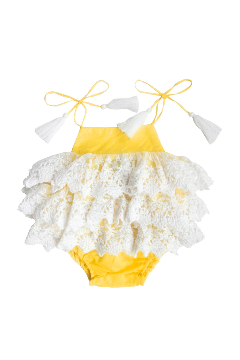 Girls Infant White Lace Ruffle Romper with Yellow Trim - front view - Sophie Catalou