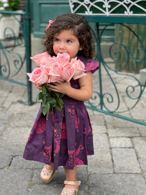 Girls Toddler & Kids Burgundy Floral Crosstitch Dress 2-10y - side view - Sophie Catalou