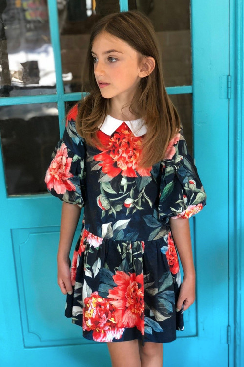 Girls Toddler & Kids Navy Floral Savoy Natalia Dress 3-8y - side view - Sophie Catalou