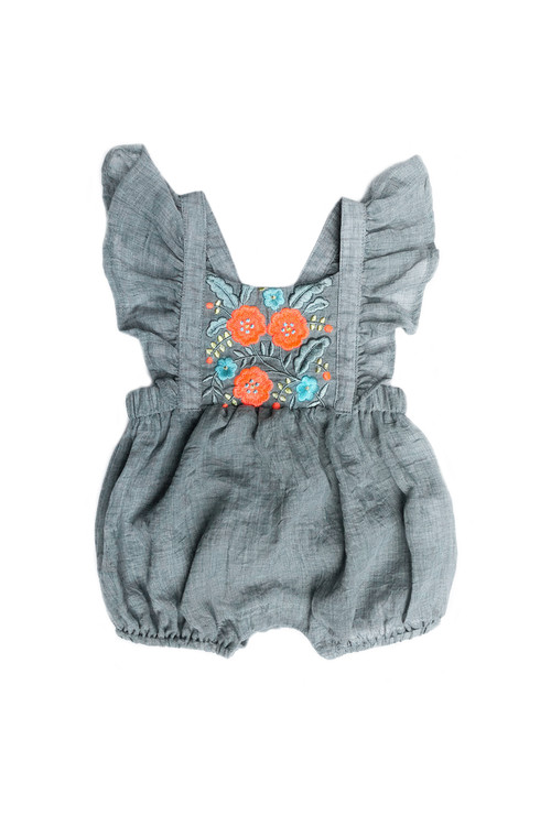 Girls Infant Sage Green Embroidered Mia Romper - front view - Sophie Catalou