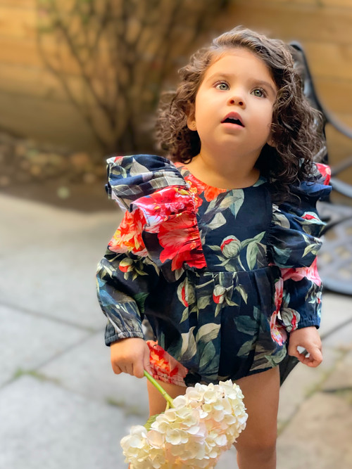 Girls Infant Navy Floral Maria Romper 3-24m - side view - Sophie Catalou