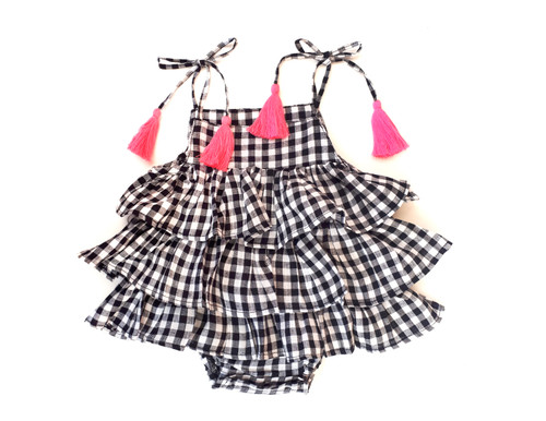 Girls Infant Black & White Plaid Ruffle Romper 3-18m - front view - Sophie Catalou