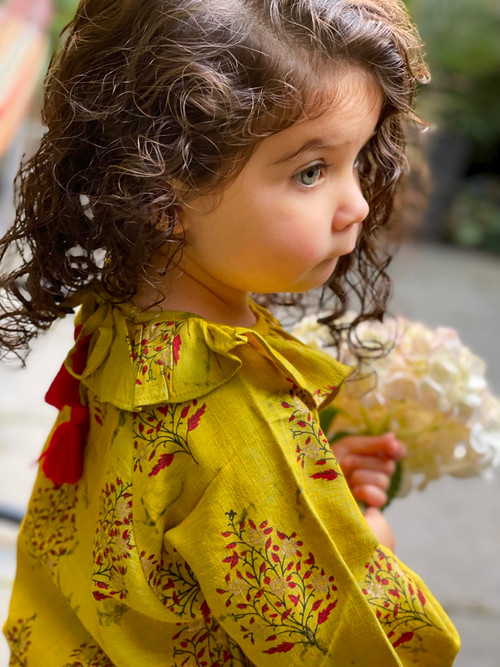 Girls Toddler & Kids Mustard Paisley Tassel Dress - back view - Sophie Catalou