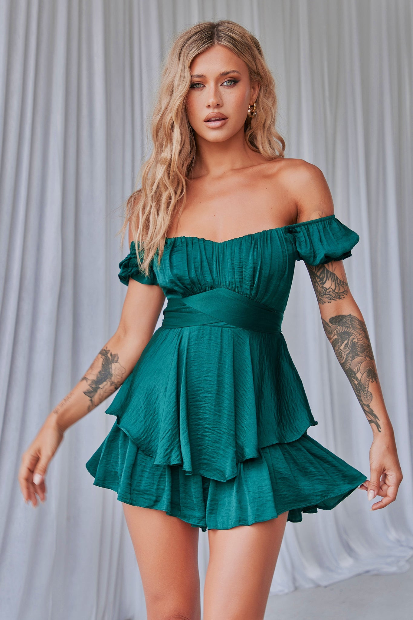 Ground Theory Off-the Shoulder Playsuit - Forest Green | Sage and Paige AUS.