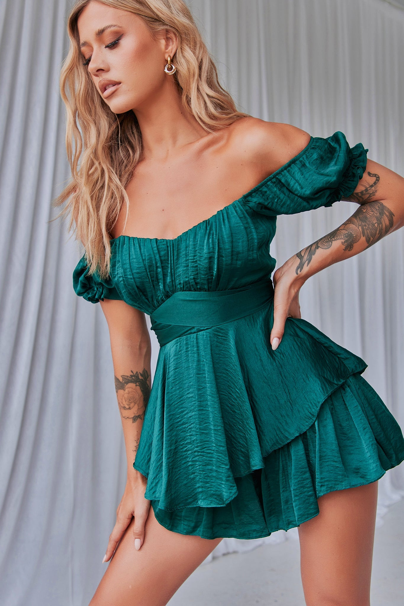 Ground Theory Off-the Shoulder Playsuit - Forest Green | Sage and Paige AUS.