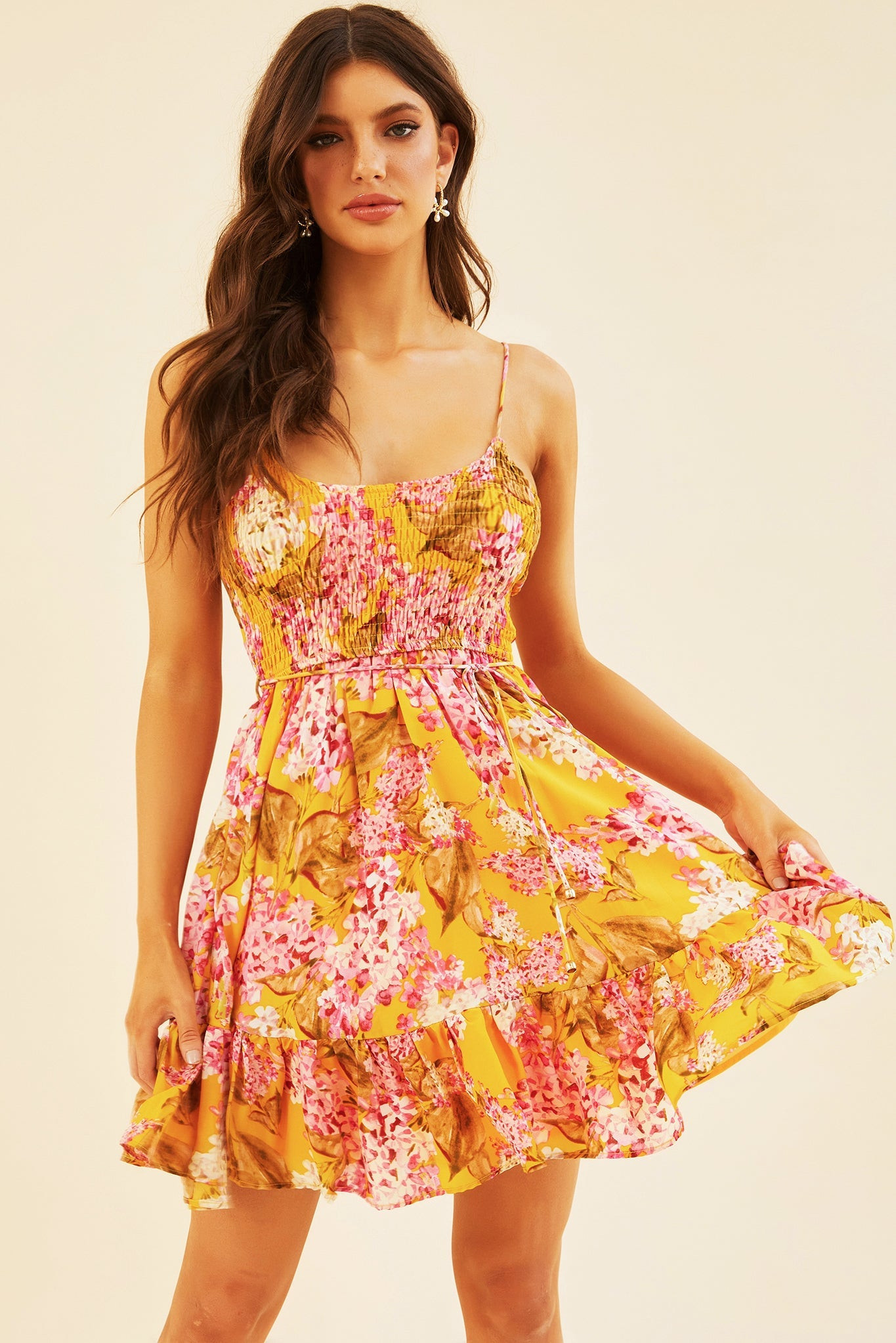 Cherry Blossom Mini Dress - Mustard | Sage and Paige AUS.