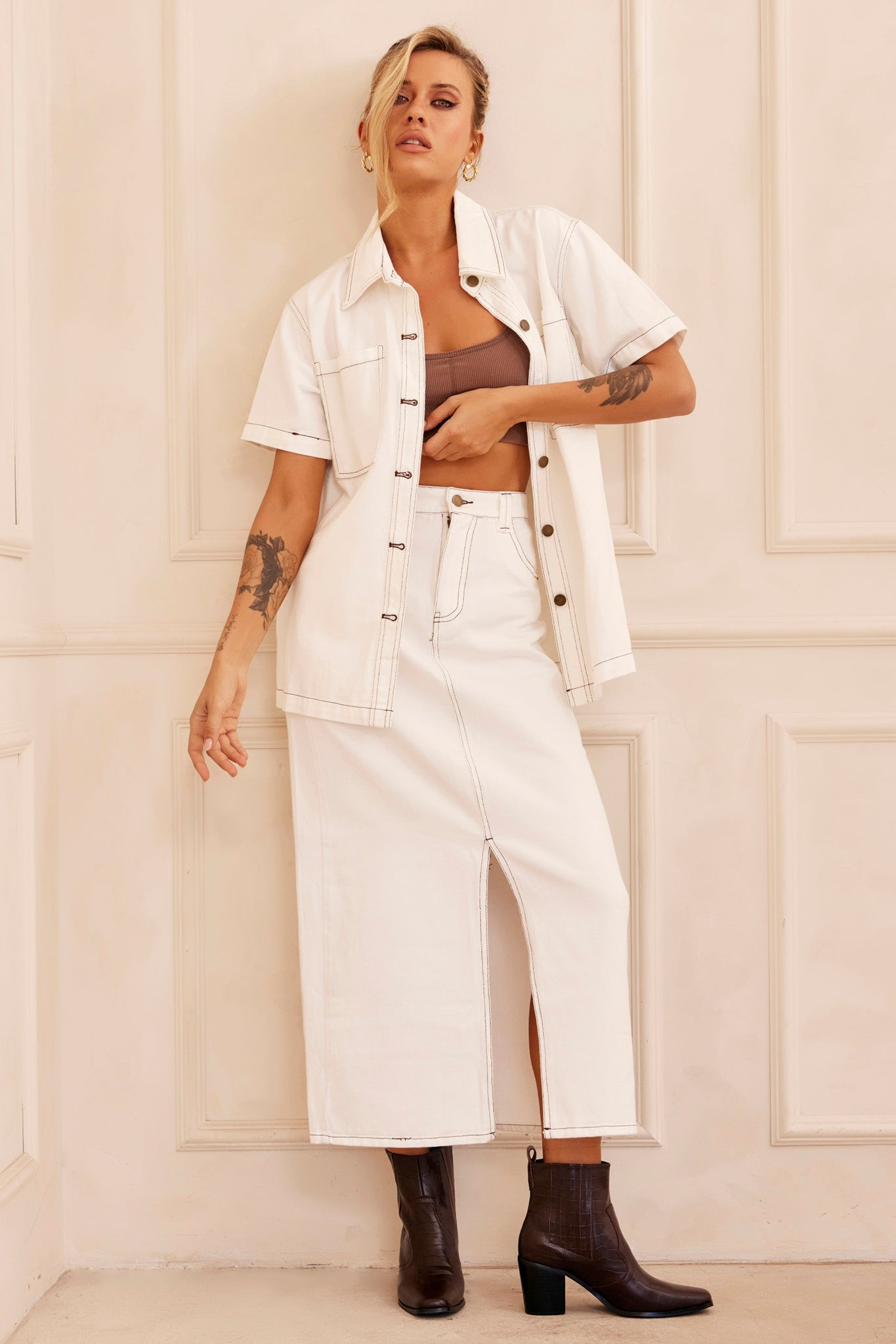 Future Face Denim Midi Skirt - White | Sage and Paige AUS.