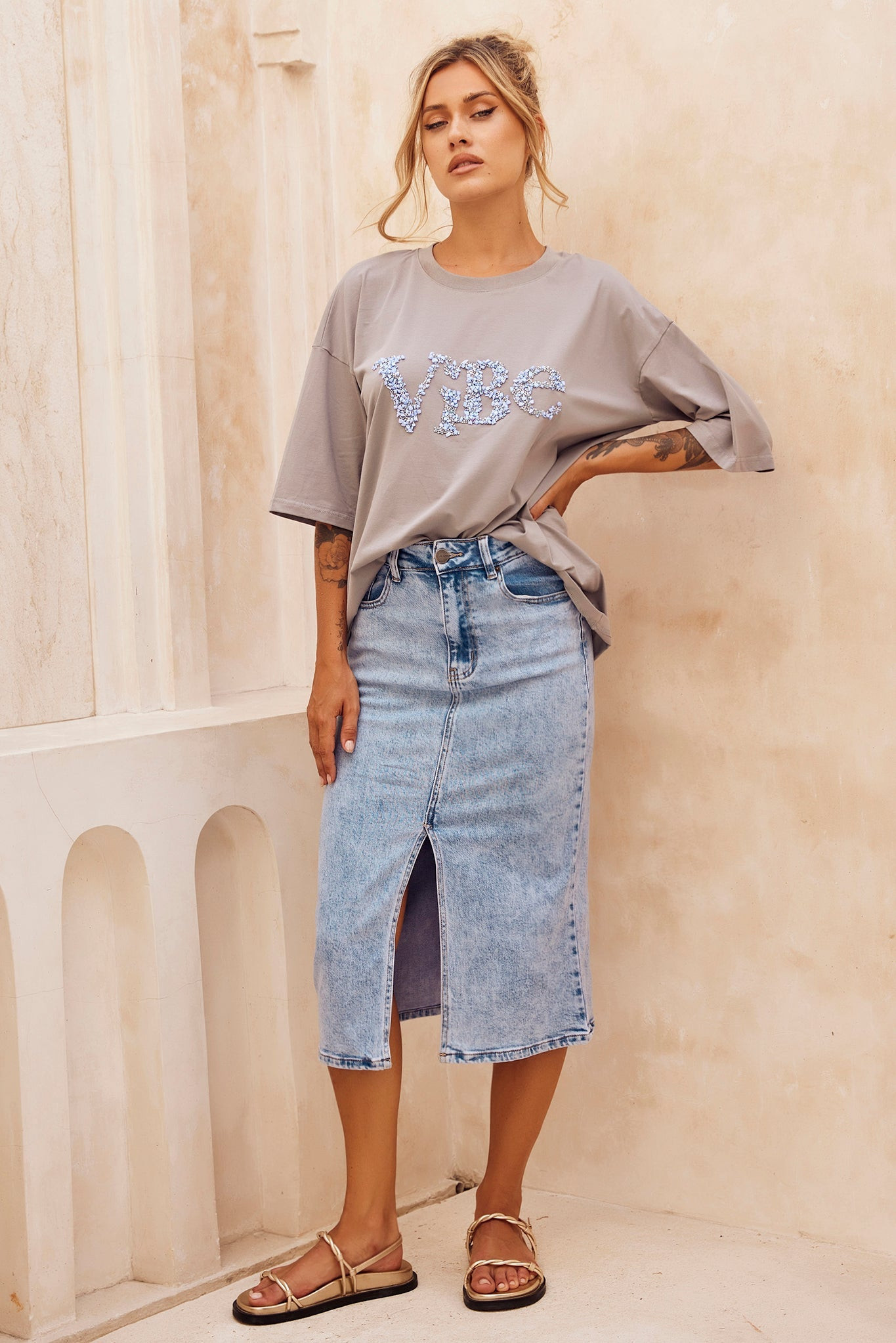 Always Mine Denim Midi Skirt - Washed Blue | Sage and Paige AUS.