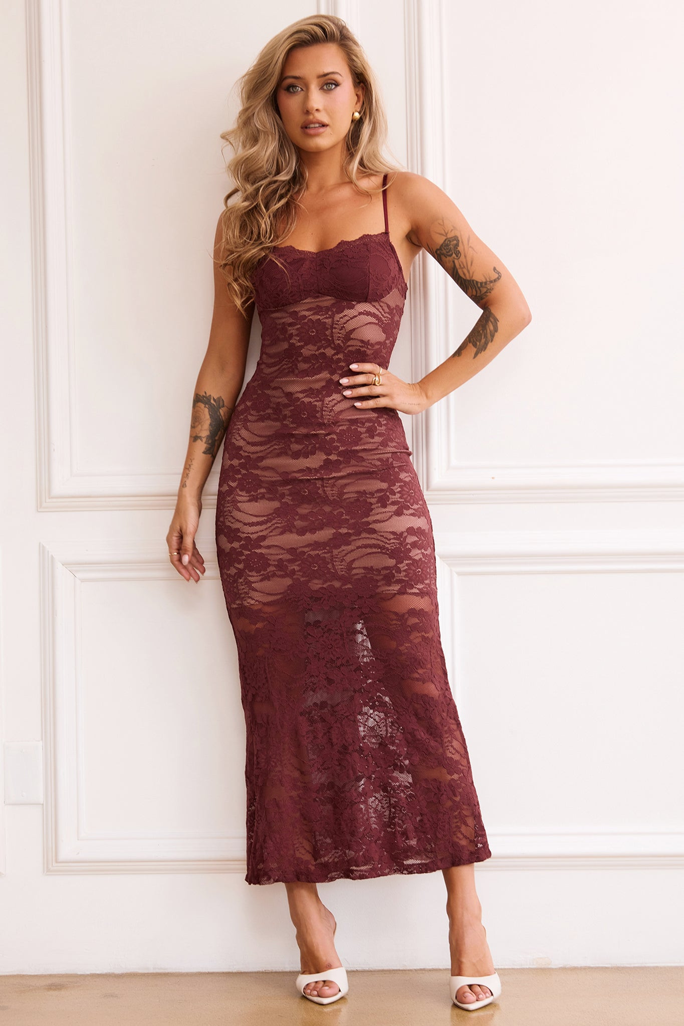 Feel It Still Lace Midi Dress - Wine | Sage and Paige AUS.