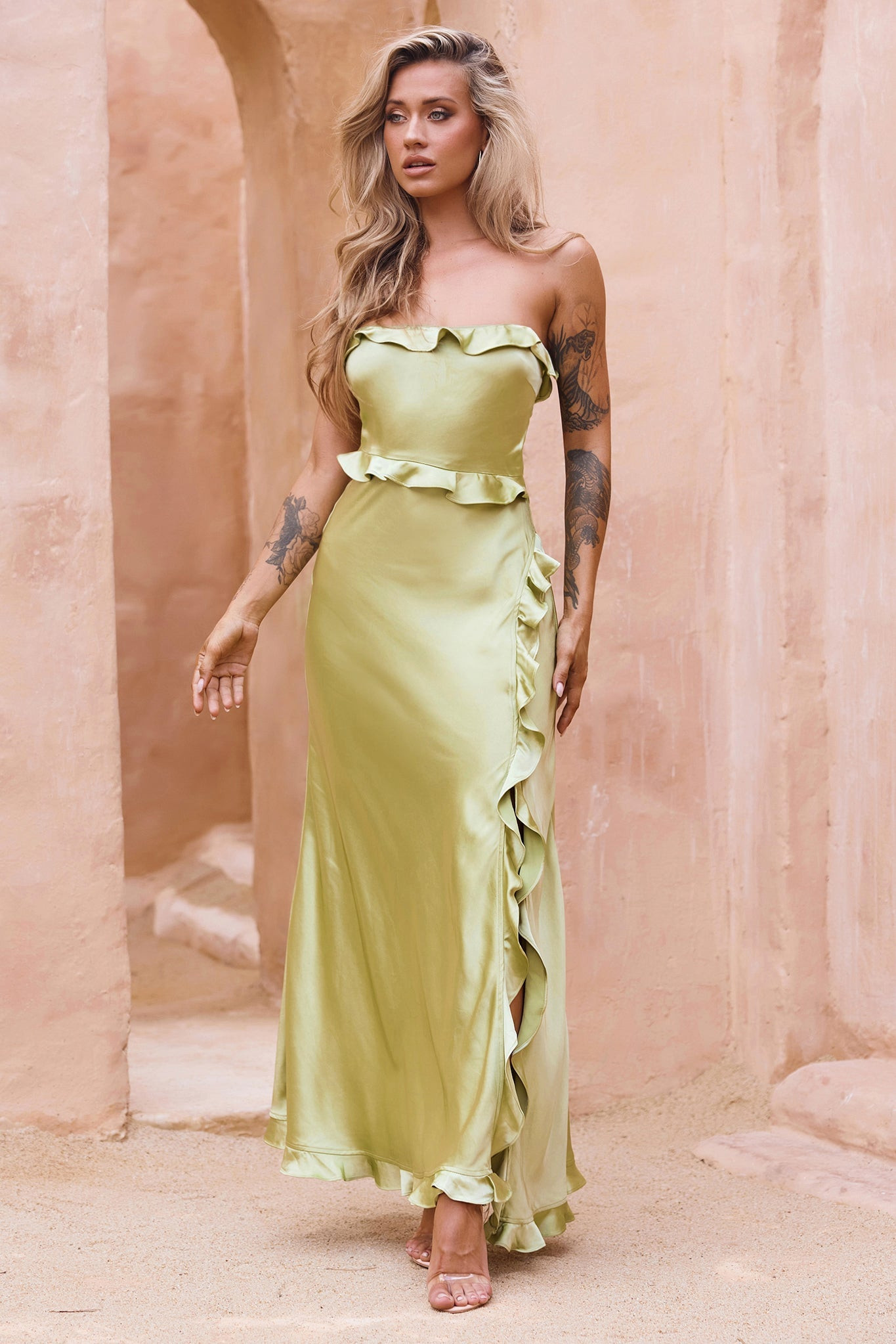 Frill All Up Maxi Dress - Olive | Sage and Paige AUS.