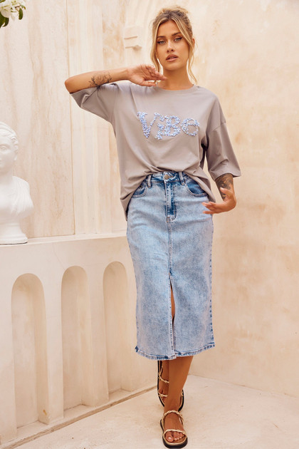 Always Mine Denim Midi Skirt - Washed Blue | Sage and Paige AUS.