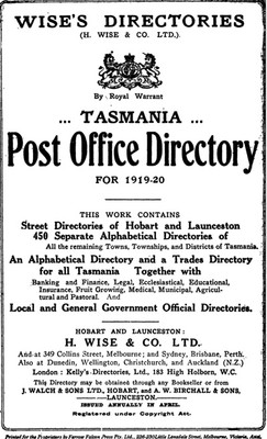 Tasmania Post Office Directory 1919 (Wise) - EBOOK
