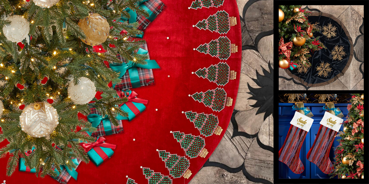 Christmas Tree Skirt Red Velvet Crystal Luxury Handmade in New York