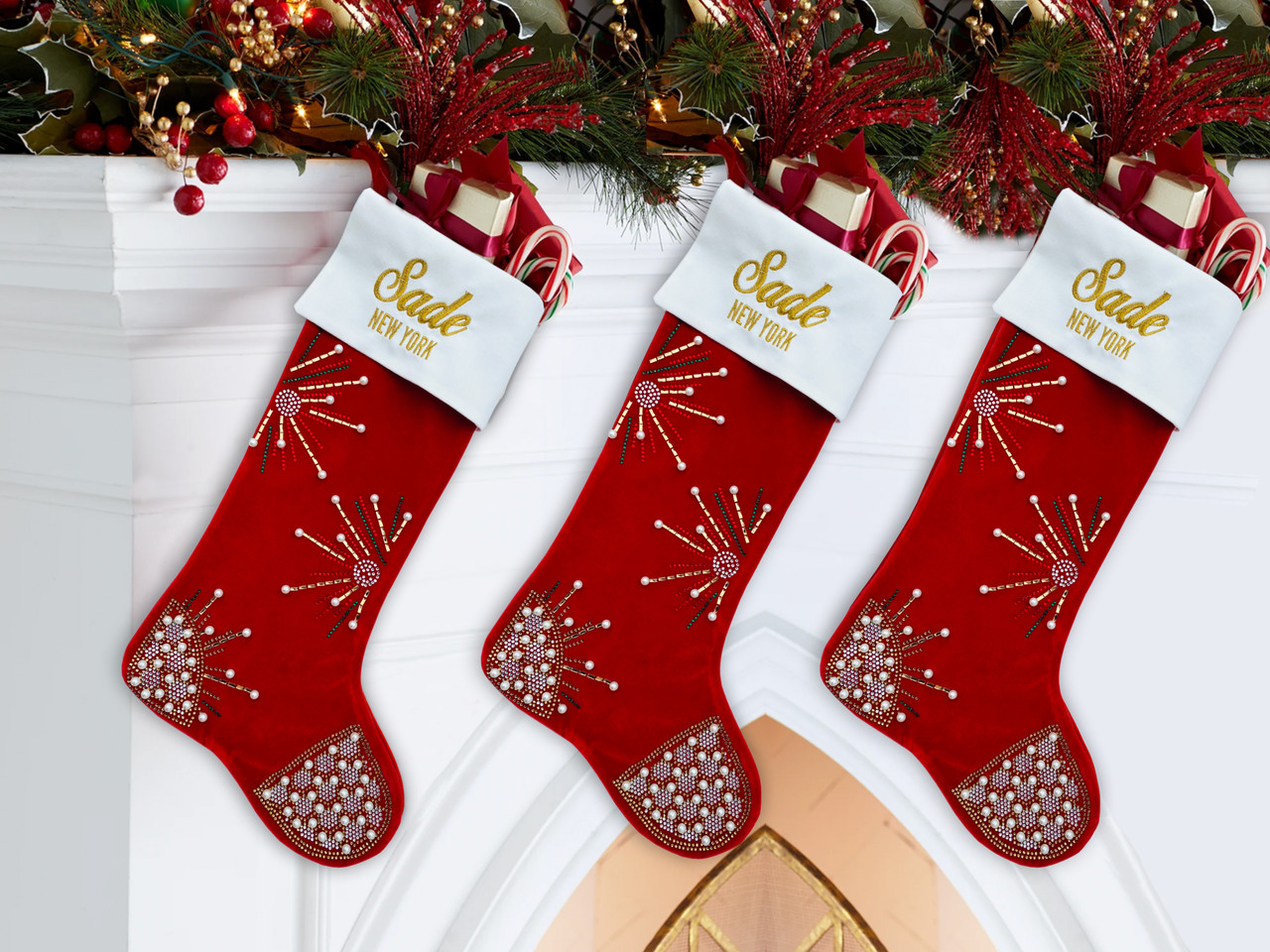 Christmas Stockings Personalized Red Velvet Rhinestones and Stud Pearls,  Gold Embroidery Custom Family Name, Luxury Home Decor Locally Made