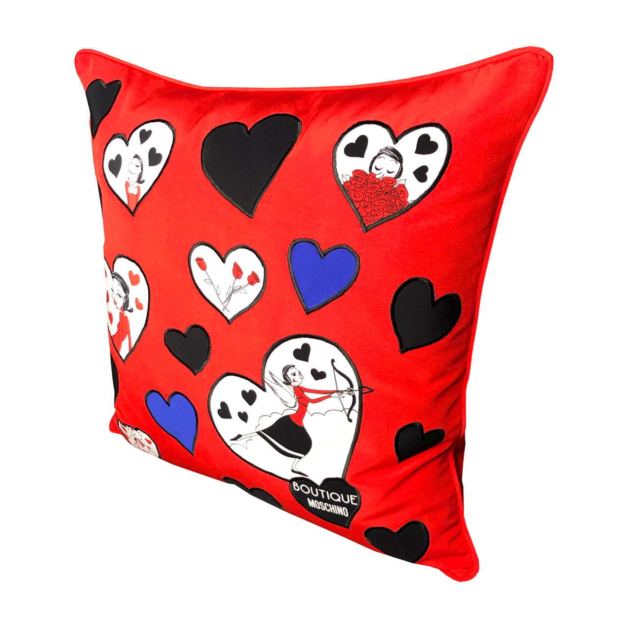 MOSCHINO SILK PRINTED SQUARE SCARF - OLIVE OYL RED APPLIQUE PILLOW SET OF  TWO