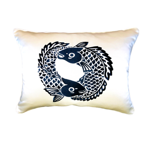 Koi Fish Embroidery Design Pillow Ivory