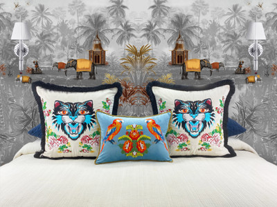Angry Cat Embroidery Euro Sham Pillows Velvet Navy