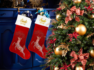 Christmas Stockings Enjoy Free Shipping, Deer Design Rhinestones Red Velvet Stockings, Handmade in New York