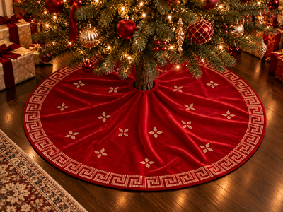 Luxury red velvet Christmas tree skirt by SADE New York, featuring a sparkling geometric rhinestone border and delicate crystal motifs, displayed beneath an elegant Christmas tree with red and gold ornaments, warm lights, and holiday gifts.