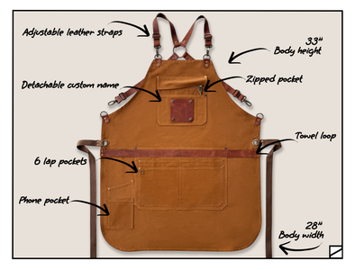 Brown 12-pocket canvas apron with leather straps, zip chest pocket, phone pocket and towel hoop