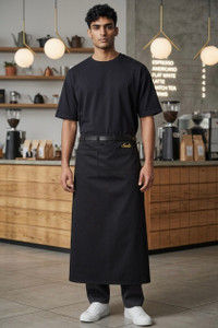 Black long waist apron with removable leather belt, two front pockets and name embroidery option
