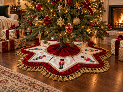 Luxury 55-inch red and white velvet nutcracker Christmas tree skirt by SADE New York, featuring embroidered toy soldiers, gold tassel fringe and star-shaped design beneath a traditional Christmas tree in an elegant holiday living room.