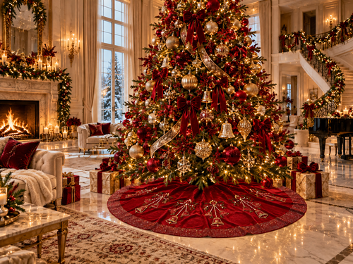Luxury 84-inch red velvet Christmas tree skirt by SADE New York, featuring embroidered gold Christmas bells, sparkling rhinestone trim and elegant detailing beneath a grand Christmas tree in a luxurious living room.