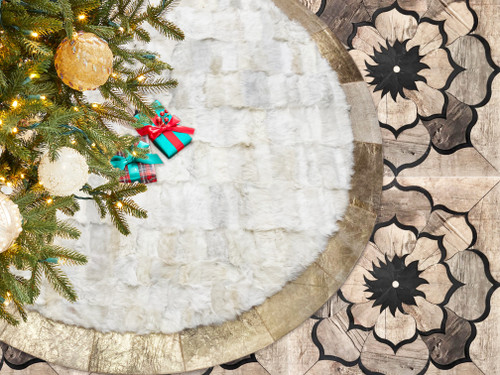 Christmas Tree Skirt Sheepskin Patchwork Rug, Cow Hide Leather Metallic Hand Paint Trim, Designer Holiday Decor HandMade Locally New York Christmas Tree Skirt Sheepskin Patchwork Rug, Cow Hide Leather Metallic Hand Paint Trim, Designer Holiday Decor HandMade Locally New York