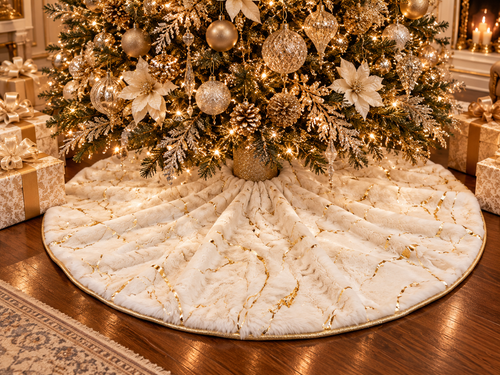 Luxury 55-inch white faux fur Christmas tree skirt by SADE New York, featuring metallic gold accents and elegant gold trim beneath a beautifully decorated Christmas tree.