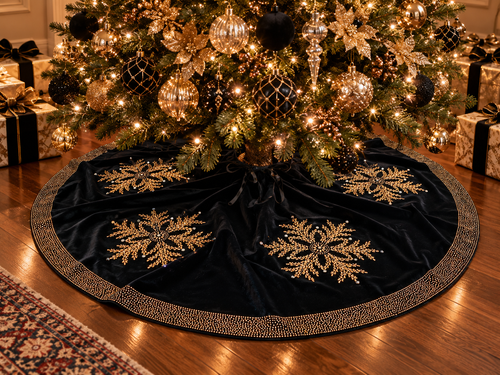 Luxury 55-inch black velvet Christmas tree skirt by SADE New York, featuring five gold rhinestone snowflakes and sparkling crystal trim beneath an elegantly decorated Christmas tree.