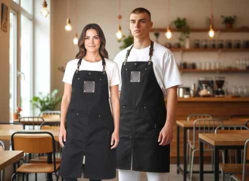 Two models wearing black custom aprons with leather accents for restaurant and café uniforms