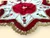 Handcrafted luxury red velvet Christmas tree skirt with embroidered nutcracker soldiers, white velvet panels, decorative gold trim and elegant ruffled edges.