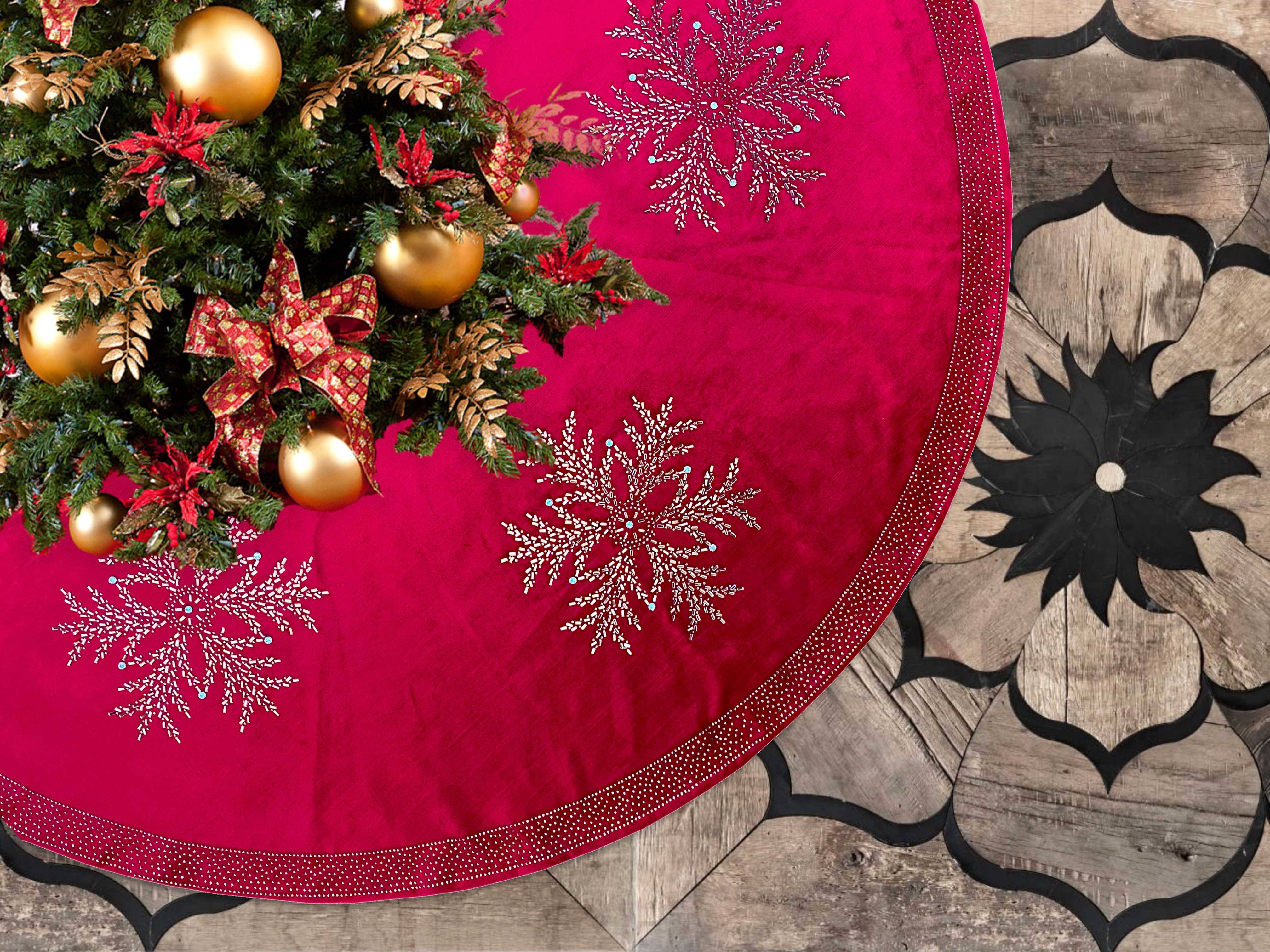 Crystal Personalized Christmas Tree Skirt Gift for Family.Rhinestones  Snowflake on Red Velvet, Luxury Home Decor by Sade