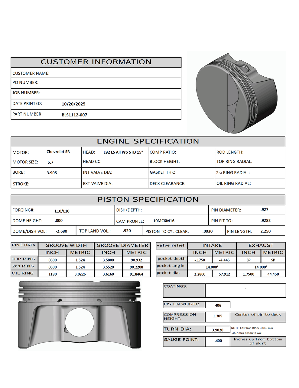 CP Bullet LS 3.905" Pistons Set | -2.7cc Flat Top | 3.662" Stroke | BLS1112-007