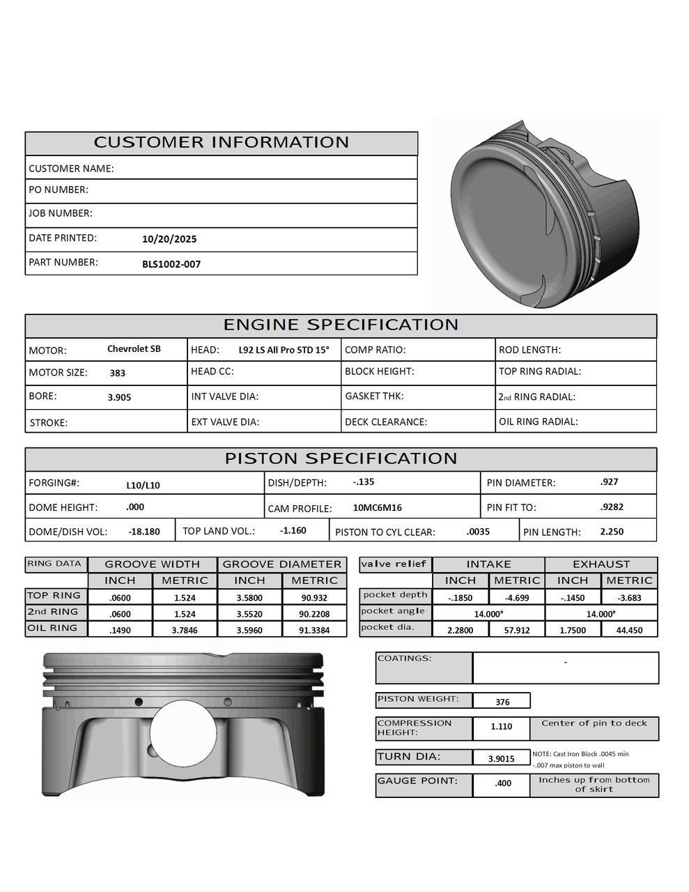 CP Bullet LS 3.905" Pistons Set | -18cc Dish Top | 4.00" Stroke | BLS1002-017