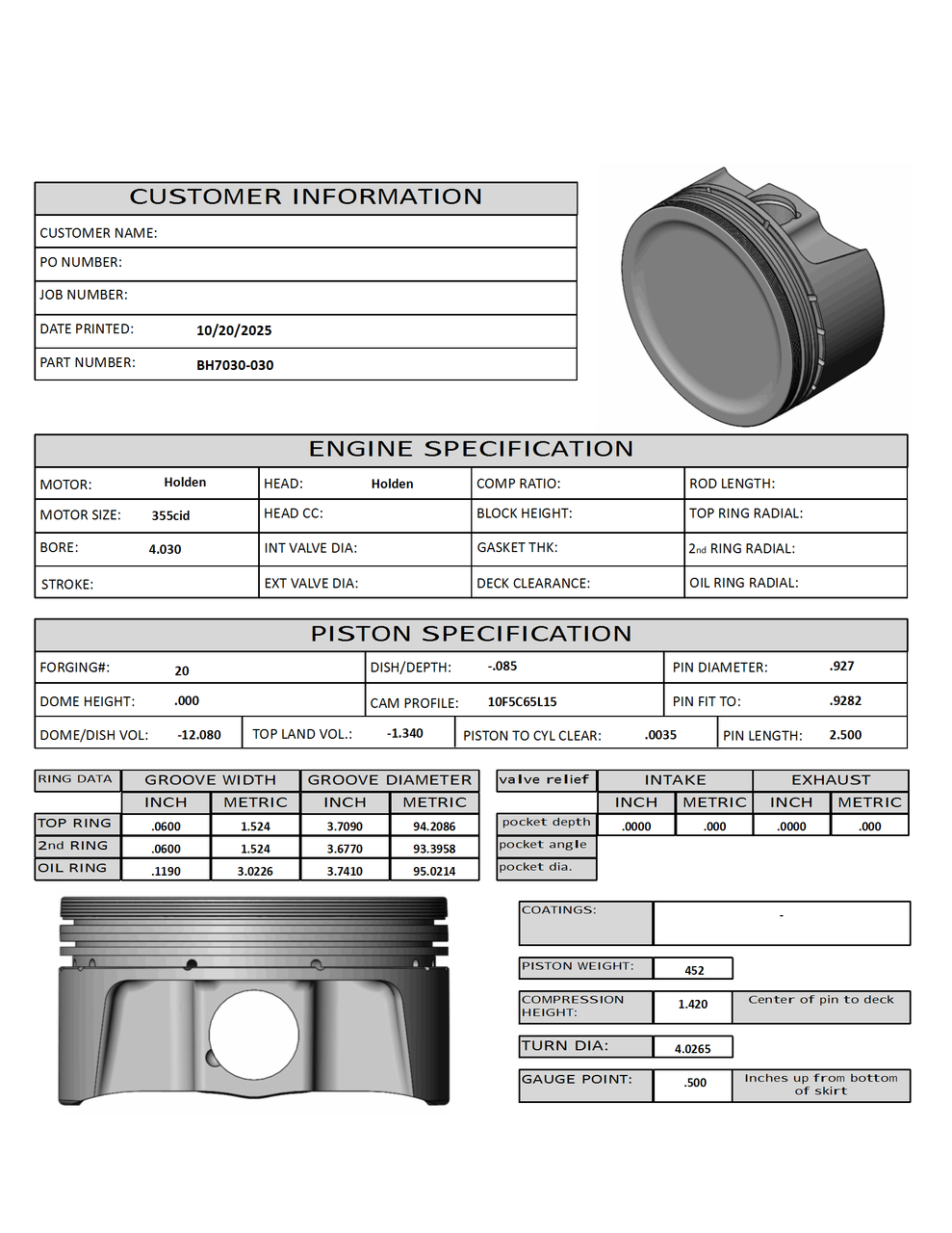 CP Bullet Holden 4.030" Pistons Set | -12cc Dish Top | 3.480" Stroke | 5.700" Conrods