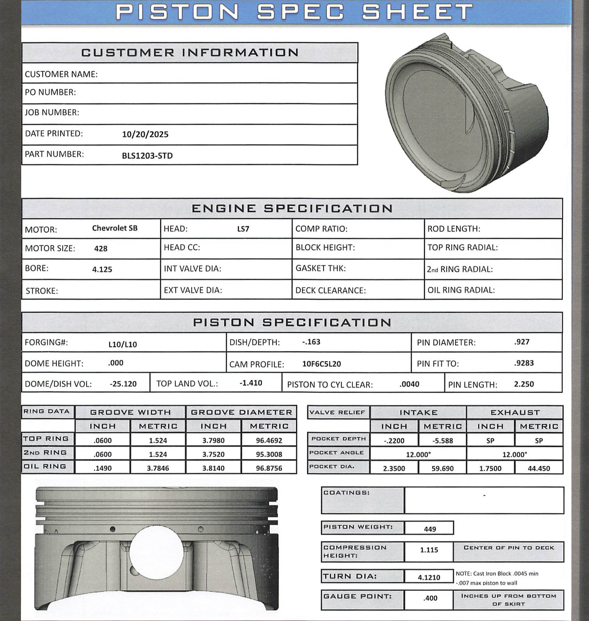 CP Bullet LS 4.125" Pistons Set | -25cc Dish | 4.00" Stroke | BLS1203-STD