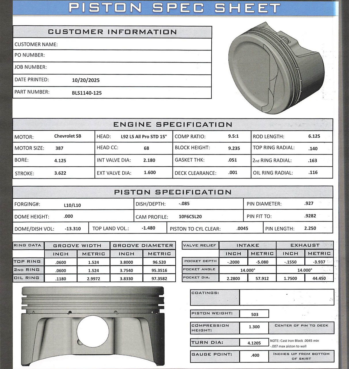 CP Bullet LS 4.125" Pistons Set | -13.3cc Dish Top | 3.622" Stroke | BLS1140-125