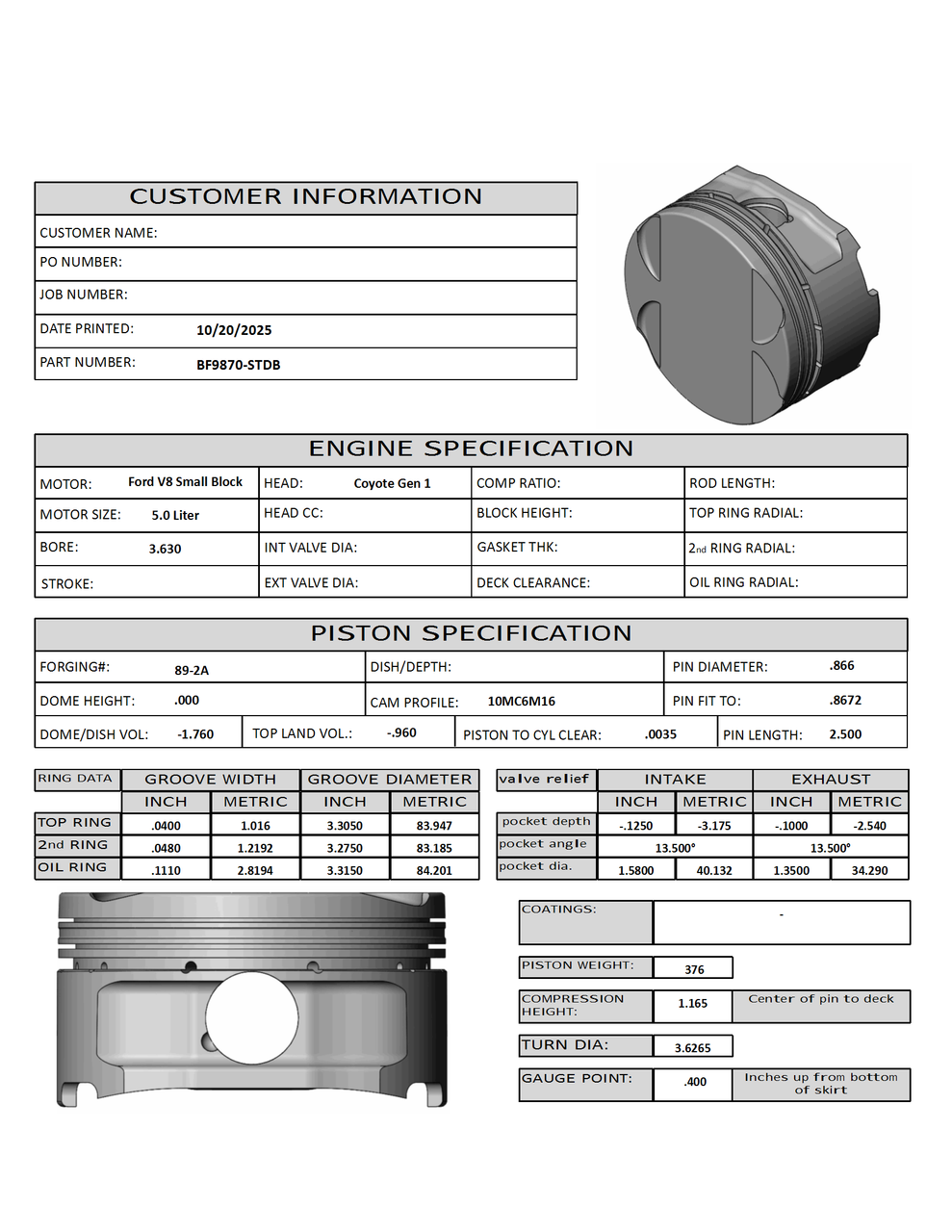 CP Bullet Ford Coyote 3.631" Pistons Set | Flat Top | 3.650" Stroke | 5.932" Rod | 10:1 Compression