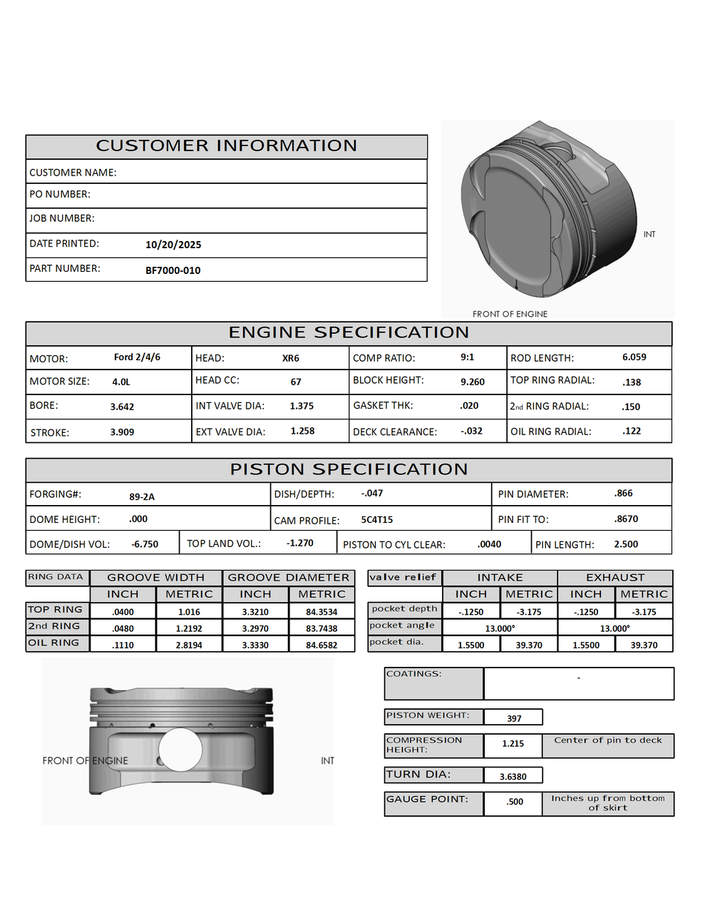 CP Bullet Ford Barra 4.0l 3.642" Pistons Set | -6.75cc Dish Top | 3.909" Stroke | BF7000-010