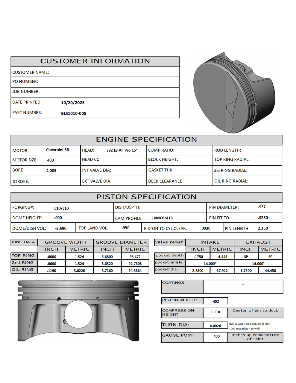 CP Bullet LS 4.005" Pistons Set | -2.7cc Flat Top | 4.00" Stroke | BLS1010-005