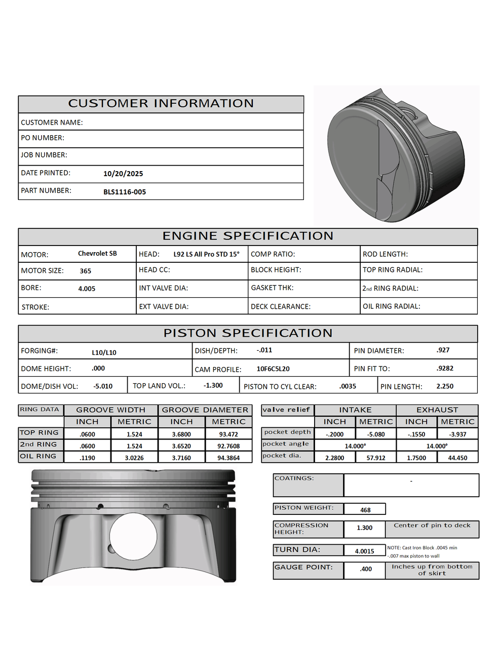 CP Bullet LS 4.005 Pistons Set | -5.6cc Dish | 3.622" Stroke | BLS1116-005