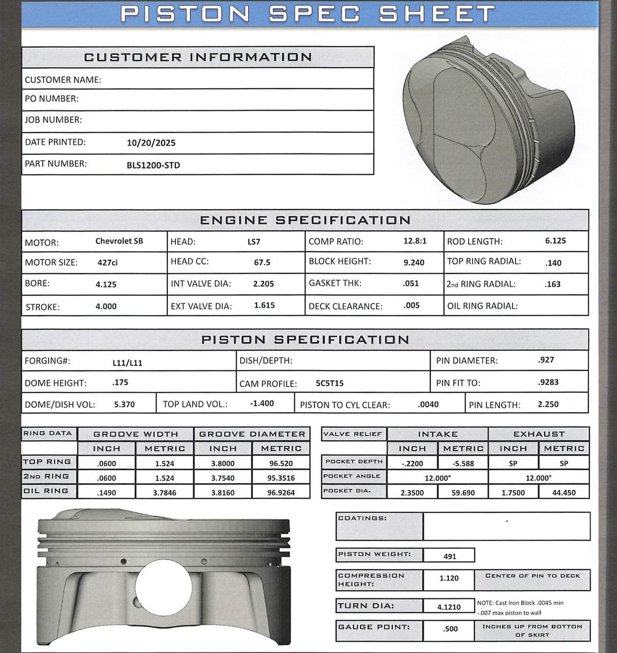 CP Bullet LS 4.125" Pistons Set | +5cc Dome Top | 4.00" Stroke | BLS1200-STD