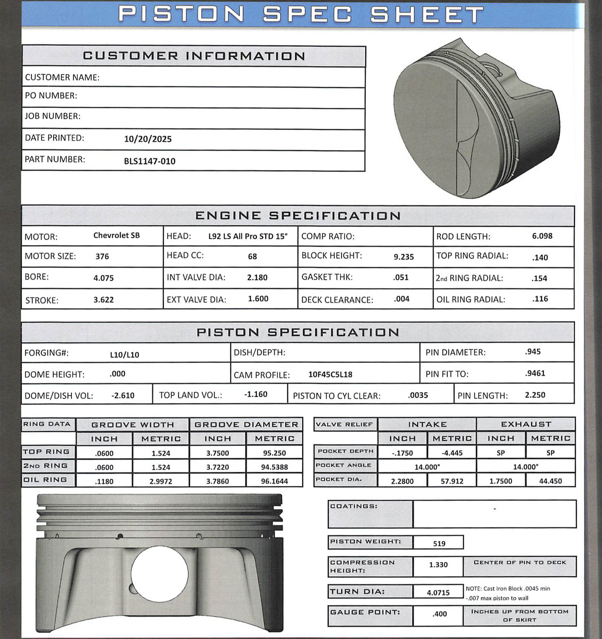CP Bullet LS 4.075" Pistons Set | -2.7cc Flat Top | 3.622" Stroke | BLS1147-010