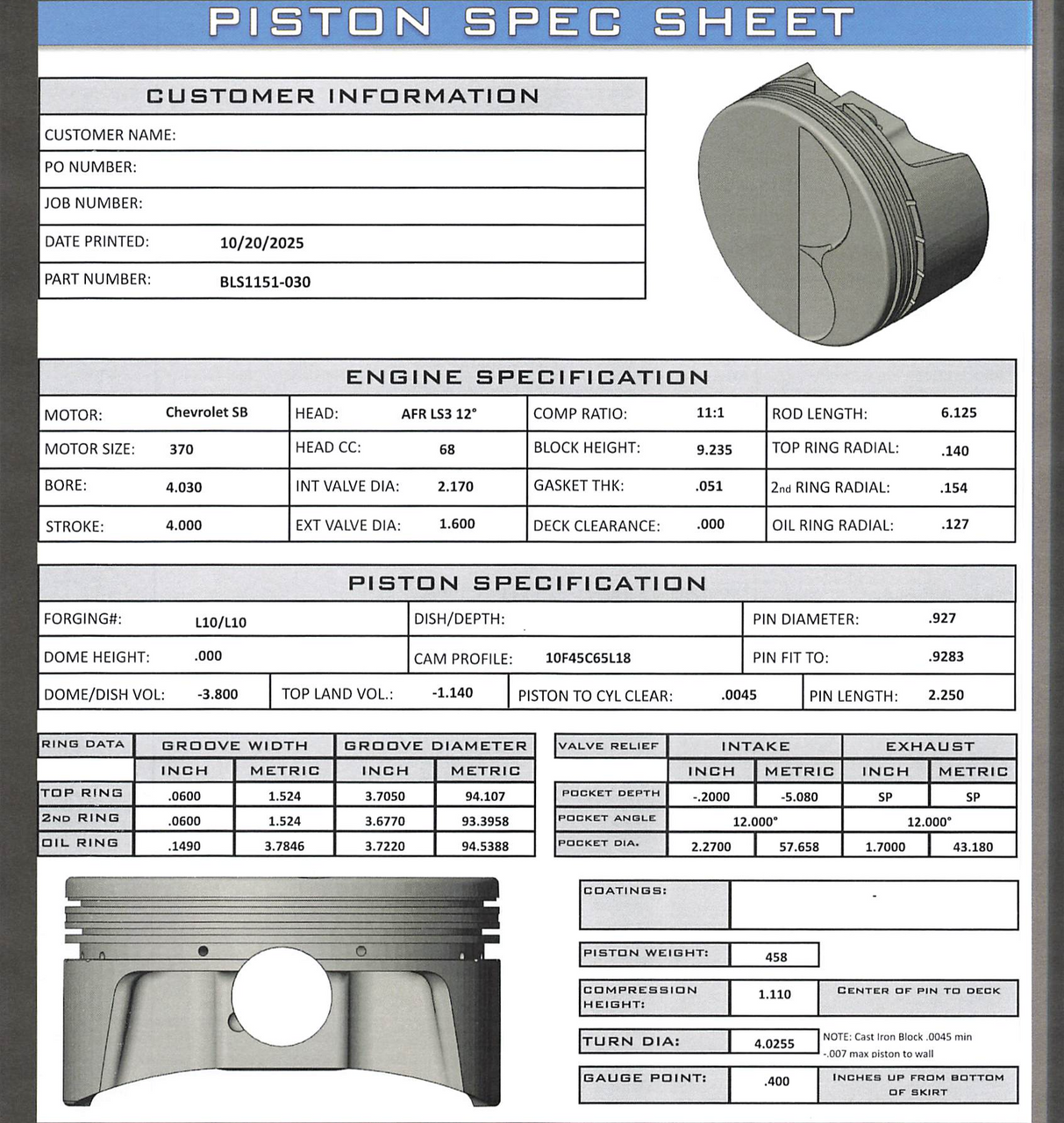 CP Bullet LS 4.030" Pistons Set | -3.00cc Flat Top | 4.00" Stroke | BLS1151-030