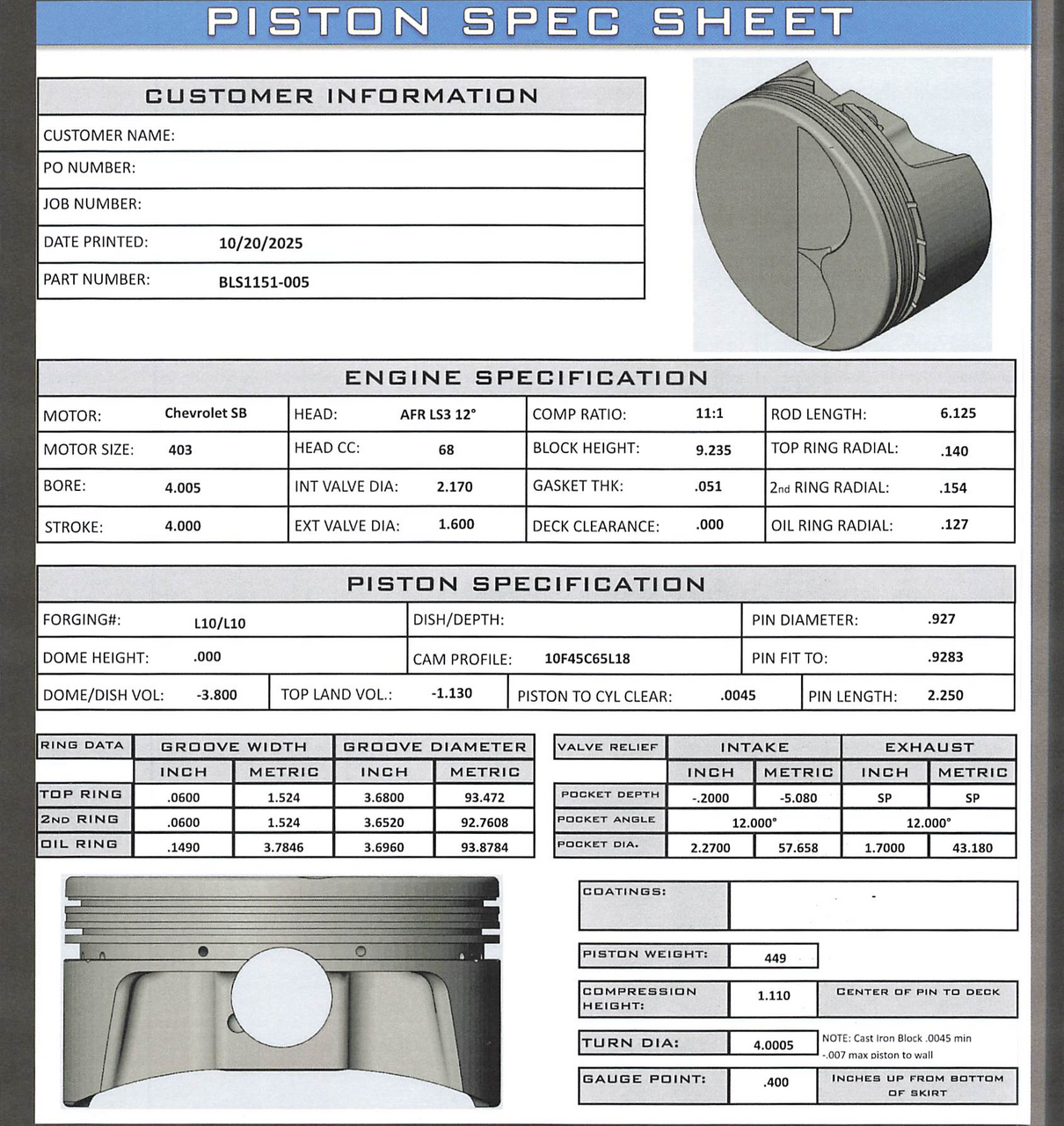 CP Bullet LS 4.005" Pistons Set | -3.0cc Flat Top | 4.00" Stroke | BLS1151-005