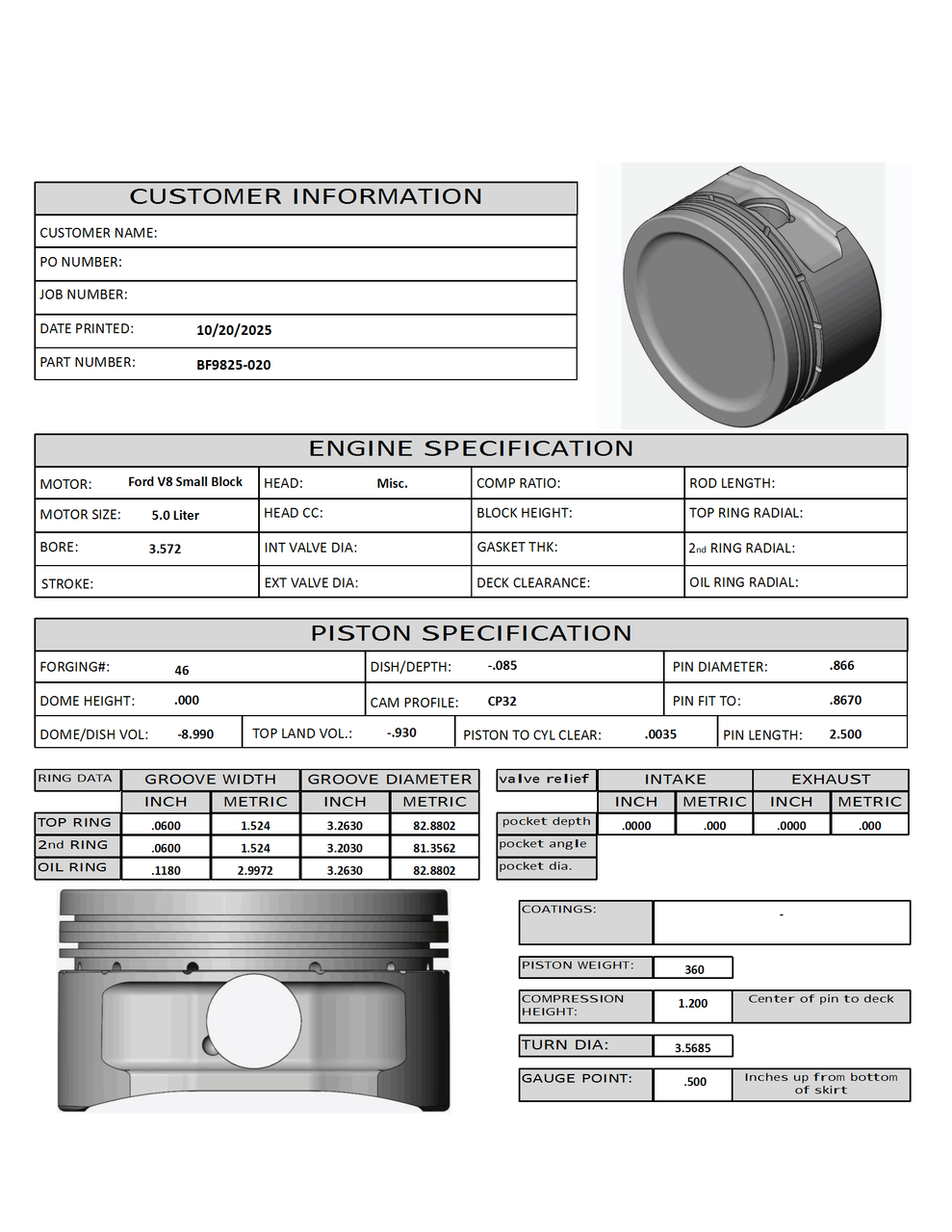 CP Bullet Ford 4V 3.572" Pistons Set | -9cc Dish Top | 3.750" Stroke