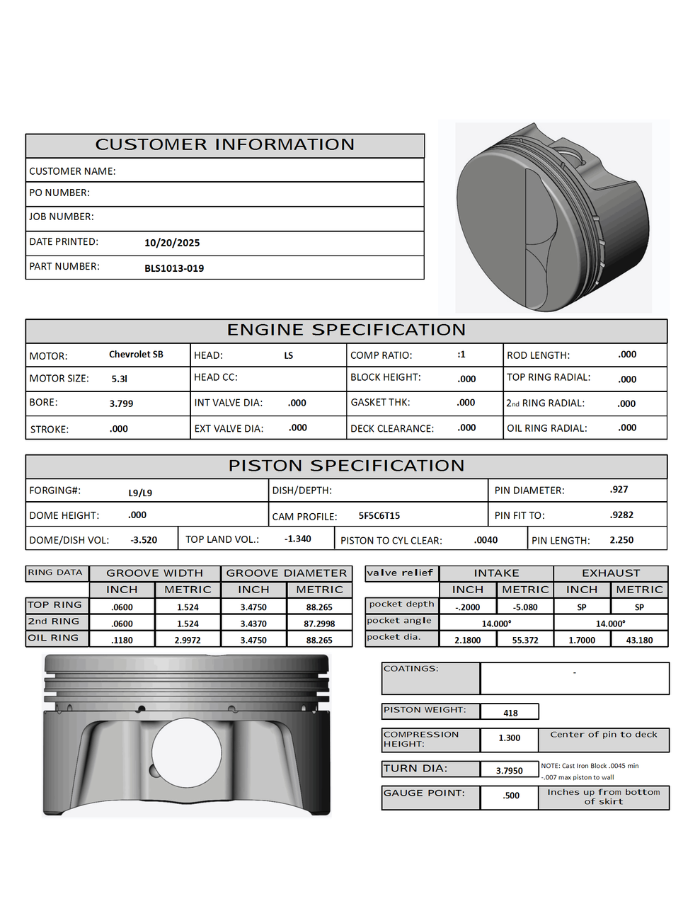 CP Bullet LS 3.799" Pistons | -3.5cc Flat Top | 3.622" Stroke | BLS1013-019