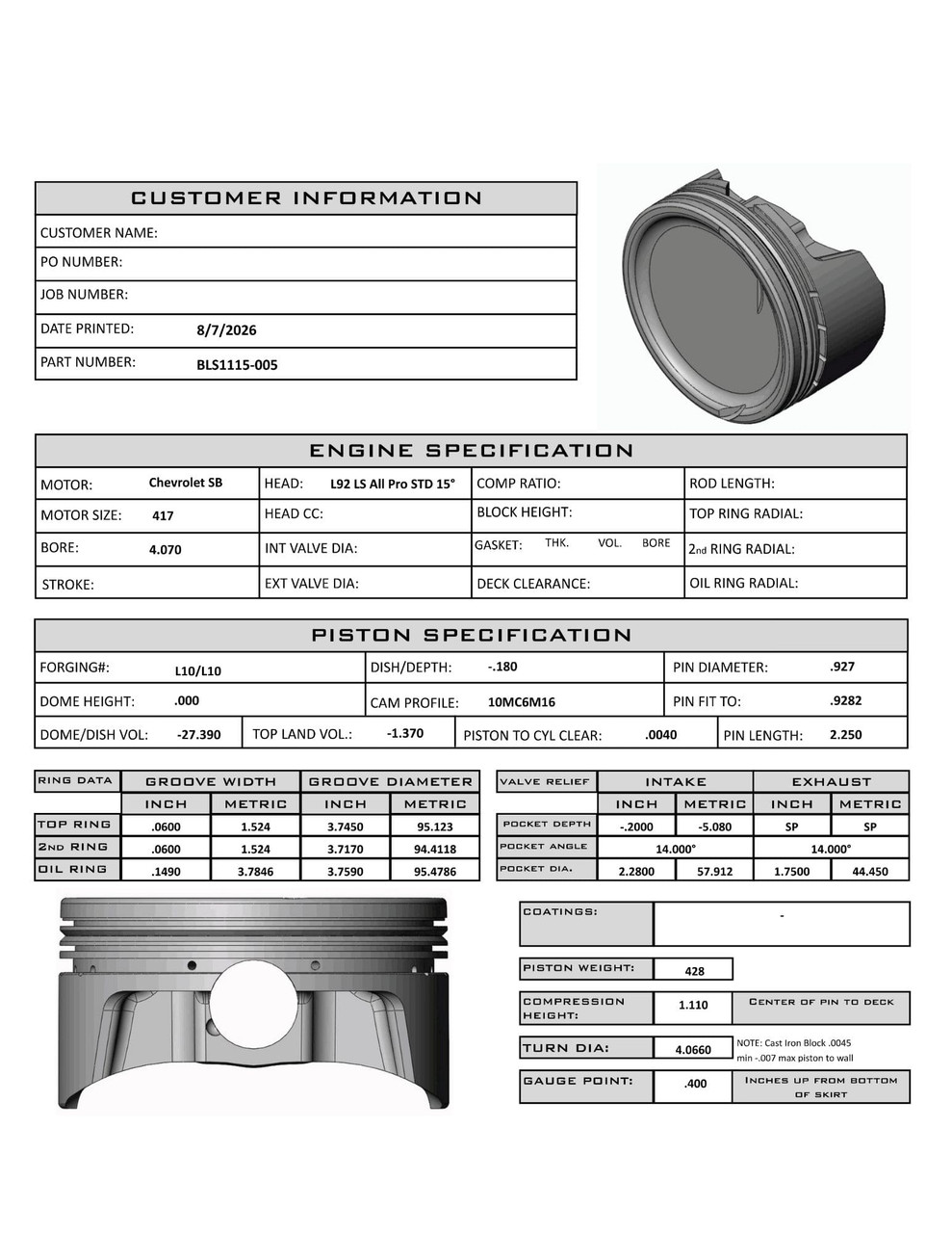 CP Bullet LS 4.070" Piston Set | -27.4cc Dish Top | 4.00" Stroke | BLS1115-005